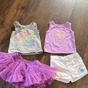Girls size 12 months lot Purple Layered Tutu Skirt, white shorts and tank top